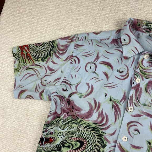 Y2K Claudio Nucci Trippy Flames Dragon AOP  Button Shirt Men Sz L Blue / Green - Picture 3 of 16